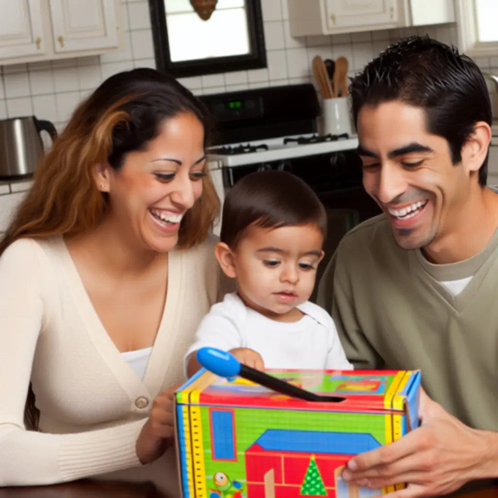 Rodzina przeglądająca zabawki i dzieląca się opinią