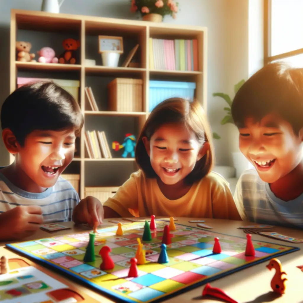 Dzieci grające w edukacyjną grę planszową na dywanie