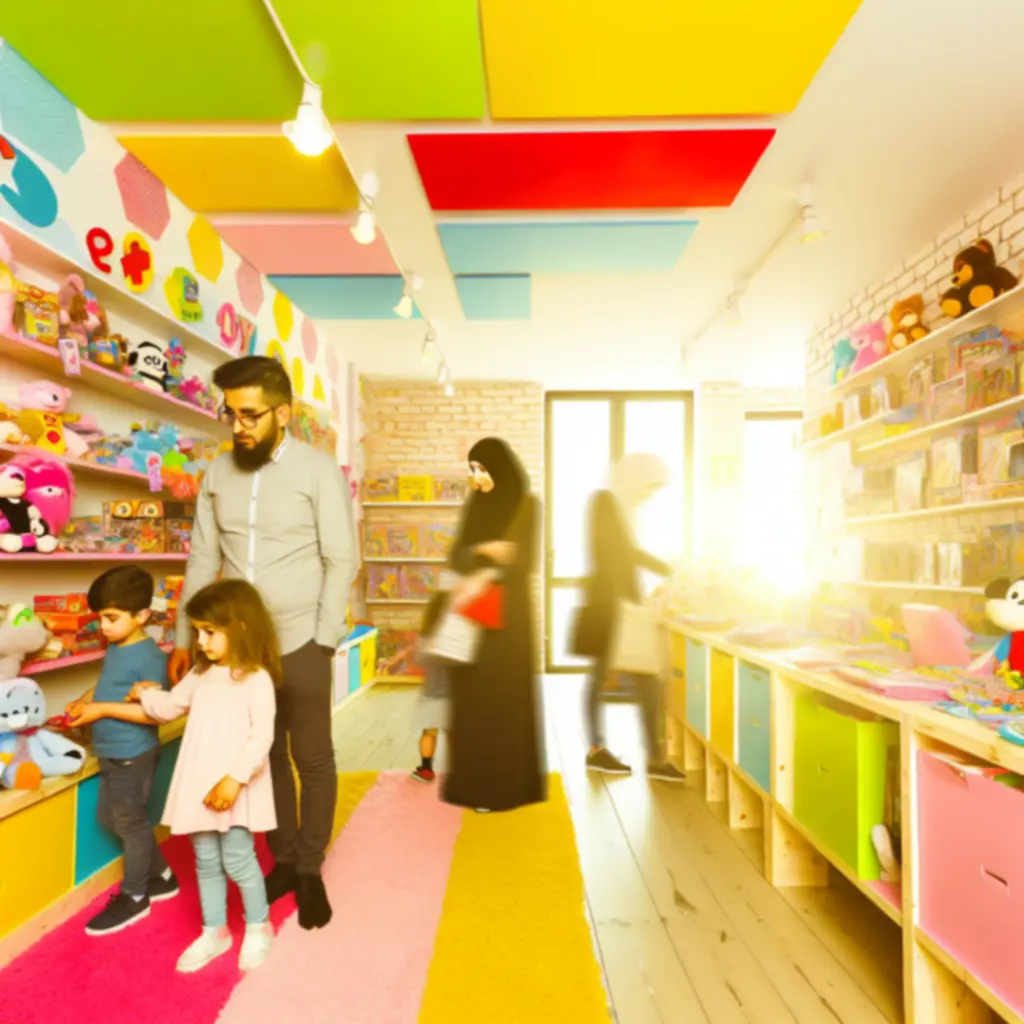 Kolorowy sklep z zabawkami dla dzieci z półkami pełnymi zabawek