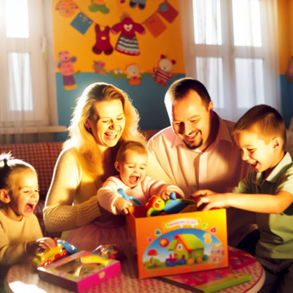 Uśmiechnięta rodzina oglądająca zabawki z Kidstoyra i czytająca opinie innych klientów