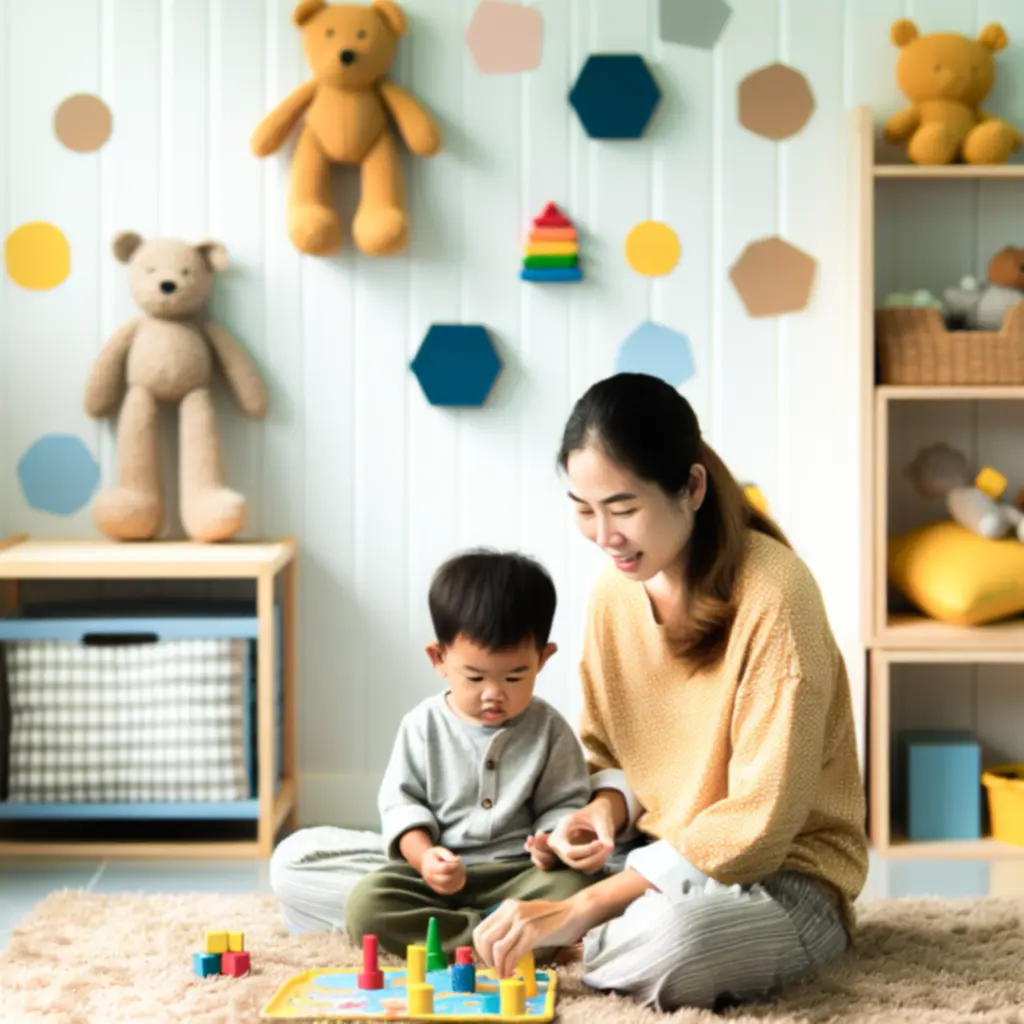 Mama bawiąca się z maluchem przy prostej grze planszowej w pokoju zabaw
