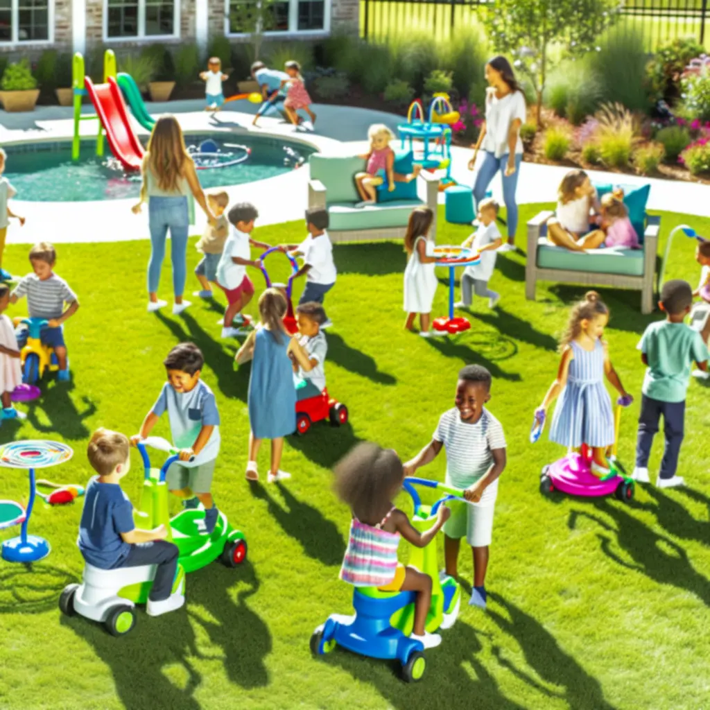 Dzieci bawiące się na ogrodowym placu zabaw z kolorowymi zabawkami