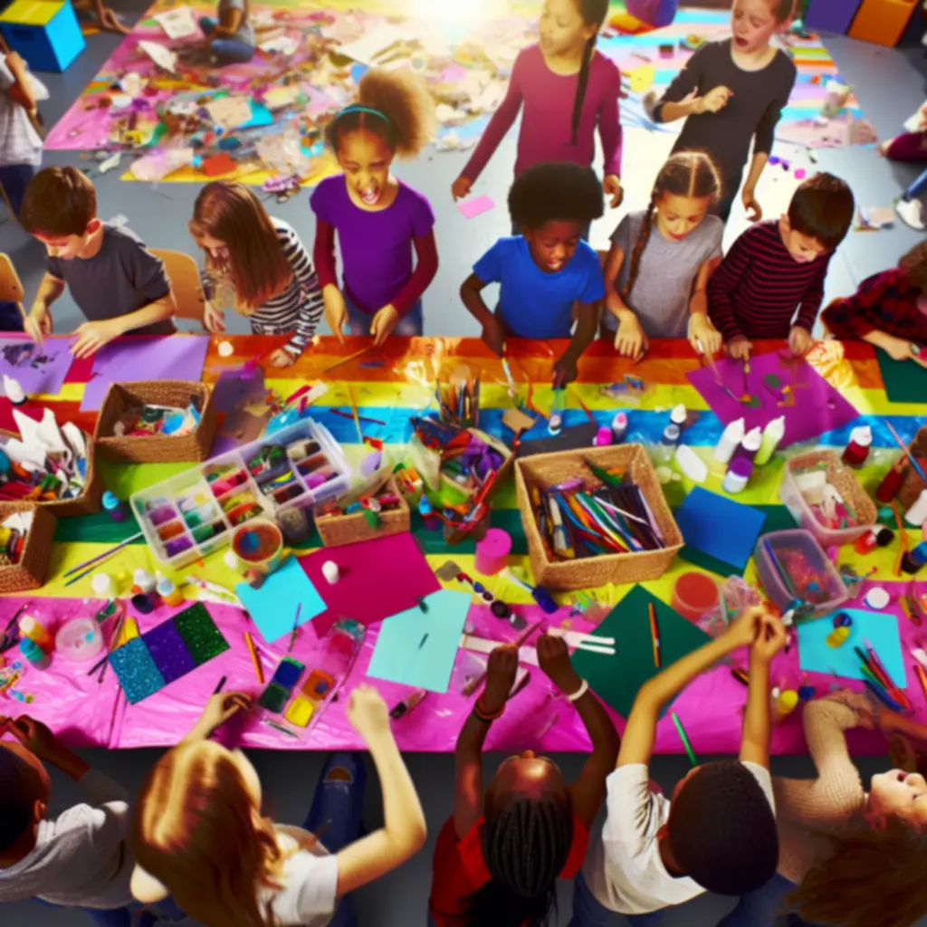 Dzieci tworzące prace plastyczne z kreatywnego zestawu